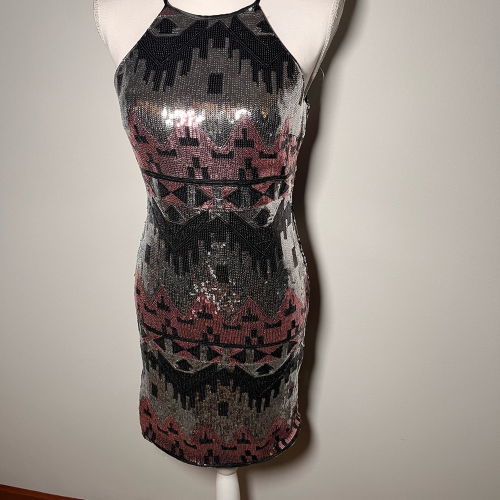 My Michelle Sequin Halter Bodycon Mini Dress Geometric‎ Silver Rose Gold Black 7